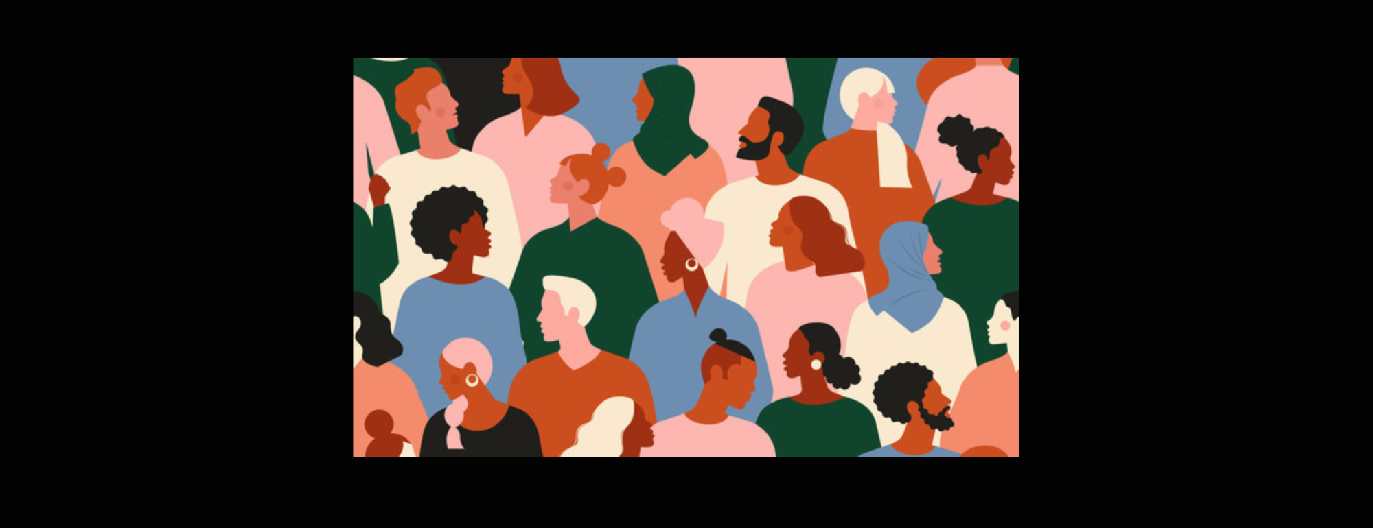 a cartoonic image of people with diverse ethnicities/colors  